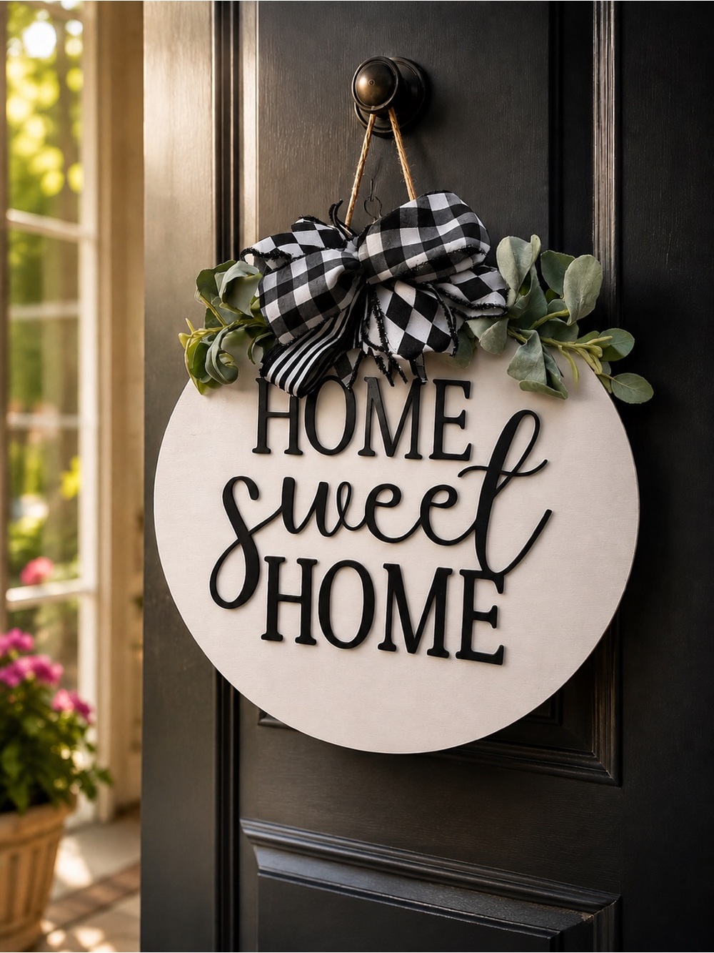 HANDMADE | Home Sweet Home Round White Door Hanger with Black Lettering